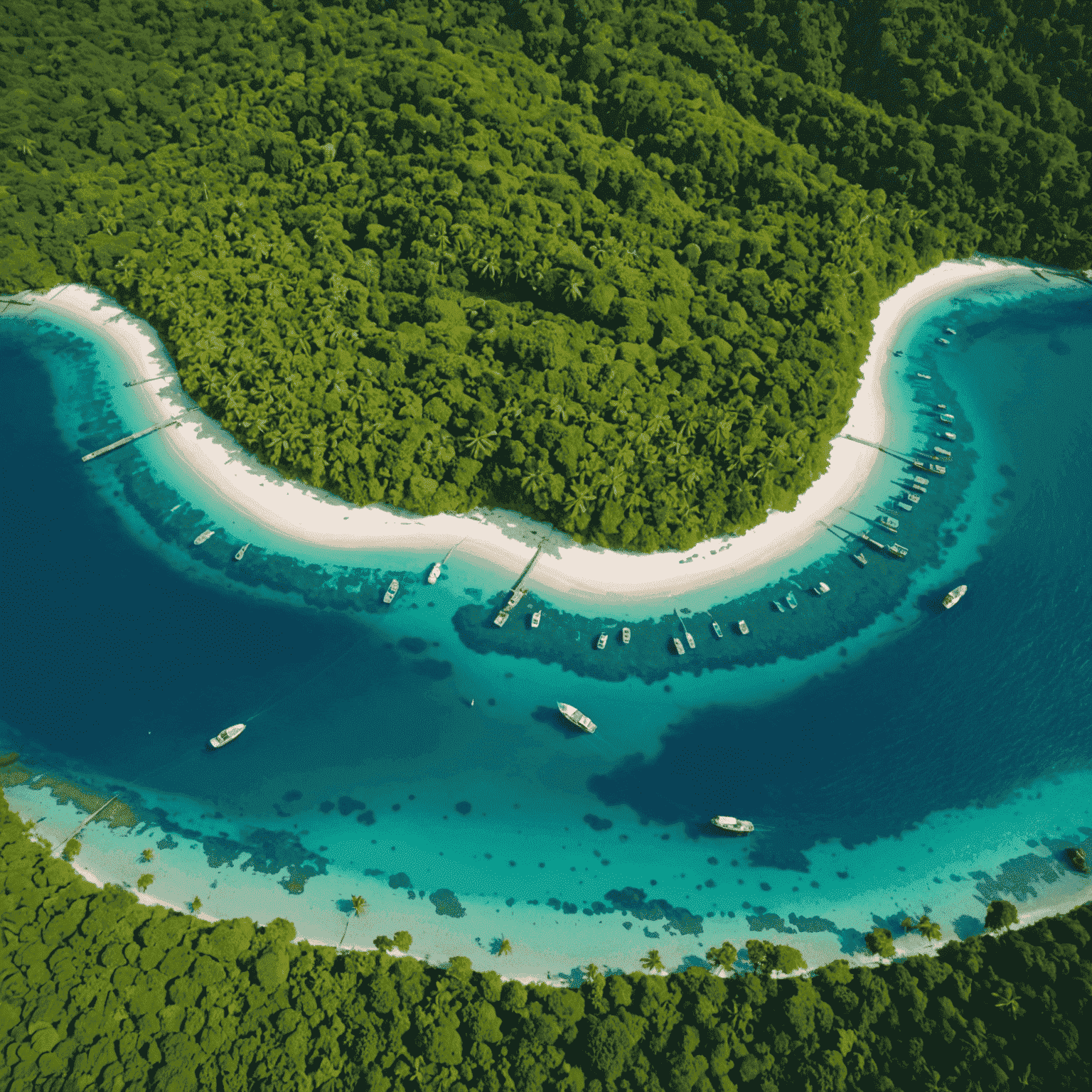 東南アジアの熱帯の島々の空中写真。エメラルドグリーンの海に囲まれた白い砂浜と豊かな緑の植生が見える。