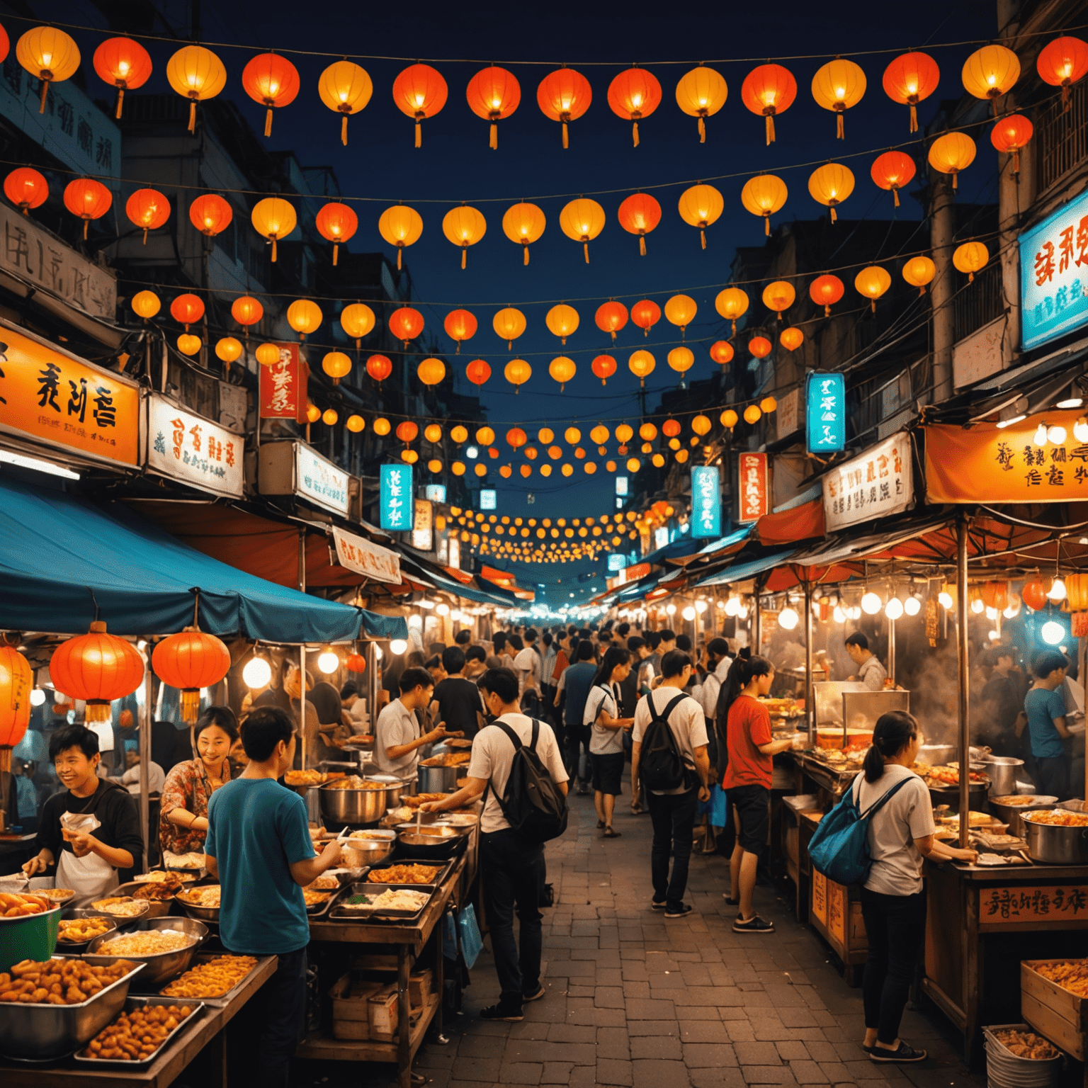 世界中の多様な屋台料理が並ぶ活気あふれる夜市の風景。カラフルな照明と様々な国の料理の香りが漂う