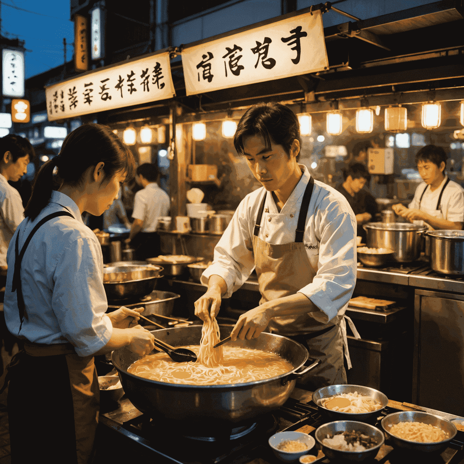 福岡の夜の屋台街で、熱々のとんこつラーメンを提供している様子